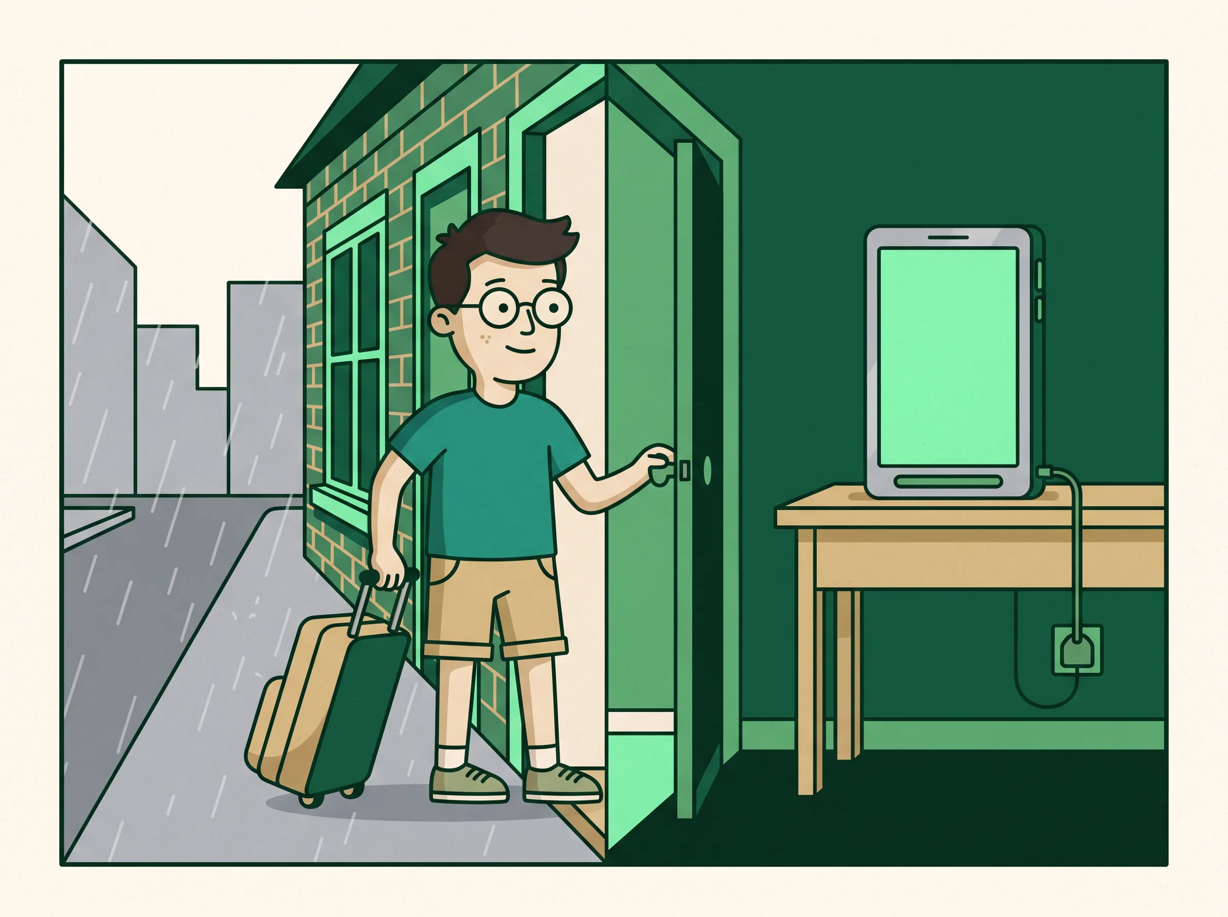 Cartoon: Dave steps out of his front door with a suitcase while his old phone stays behind on the hall table, plugged in and glowing.