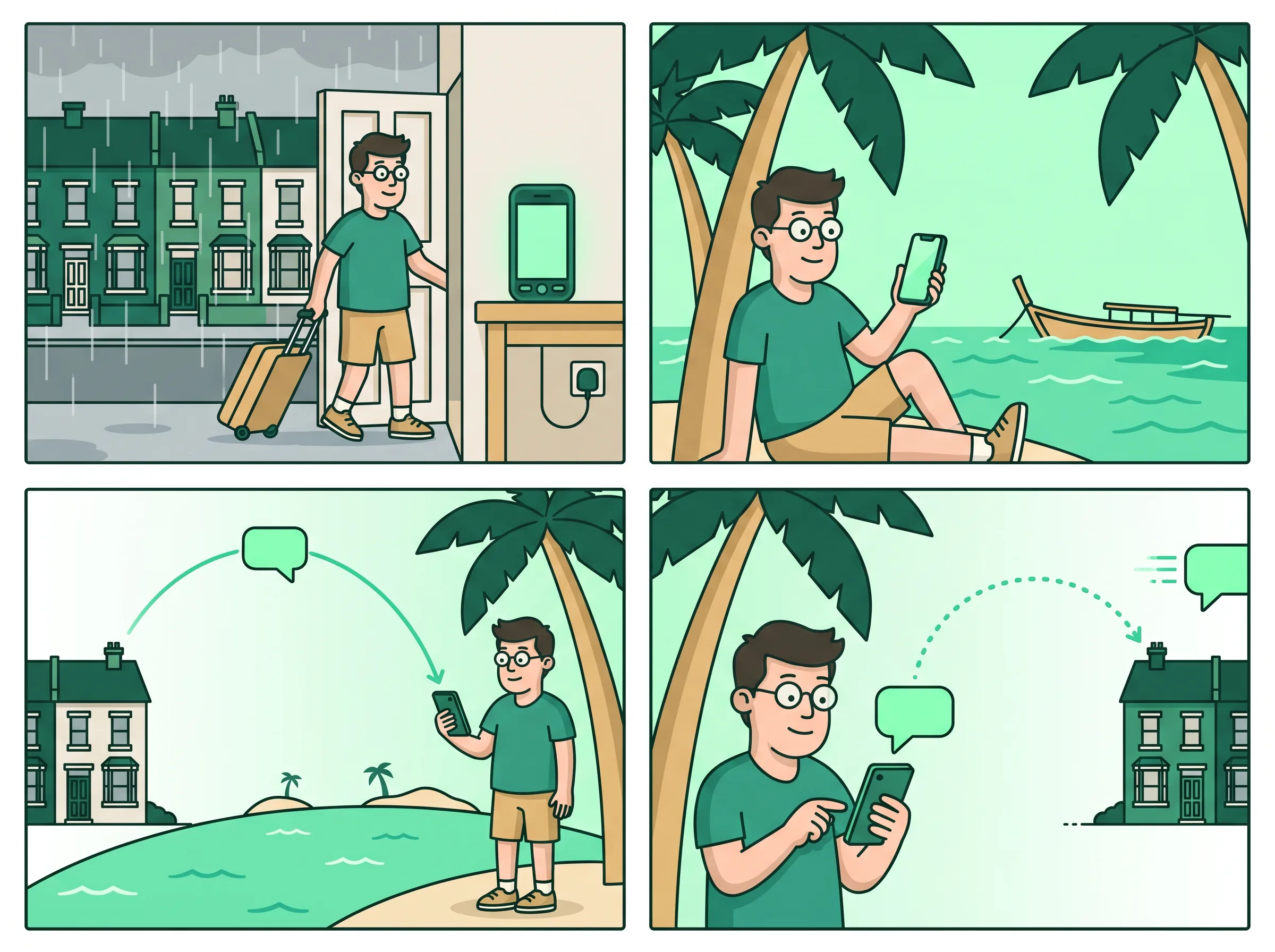 Four-panel comic: Dave leaves his old phone plugged in at home in the rain, relaxes on a beach abroad, receives a message that travels from the house to the phone in his hand, and sends a reply that goes back through the house.
