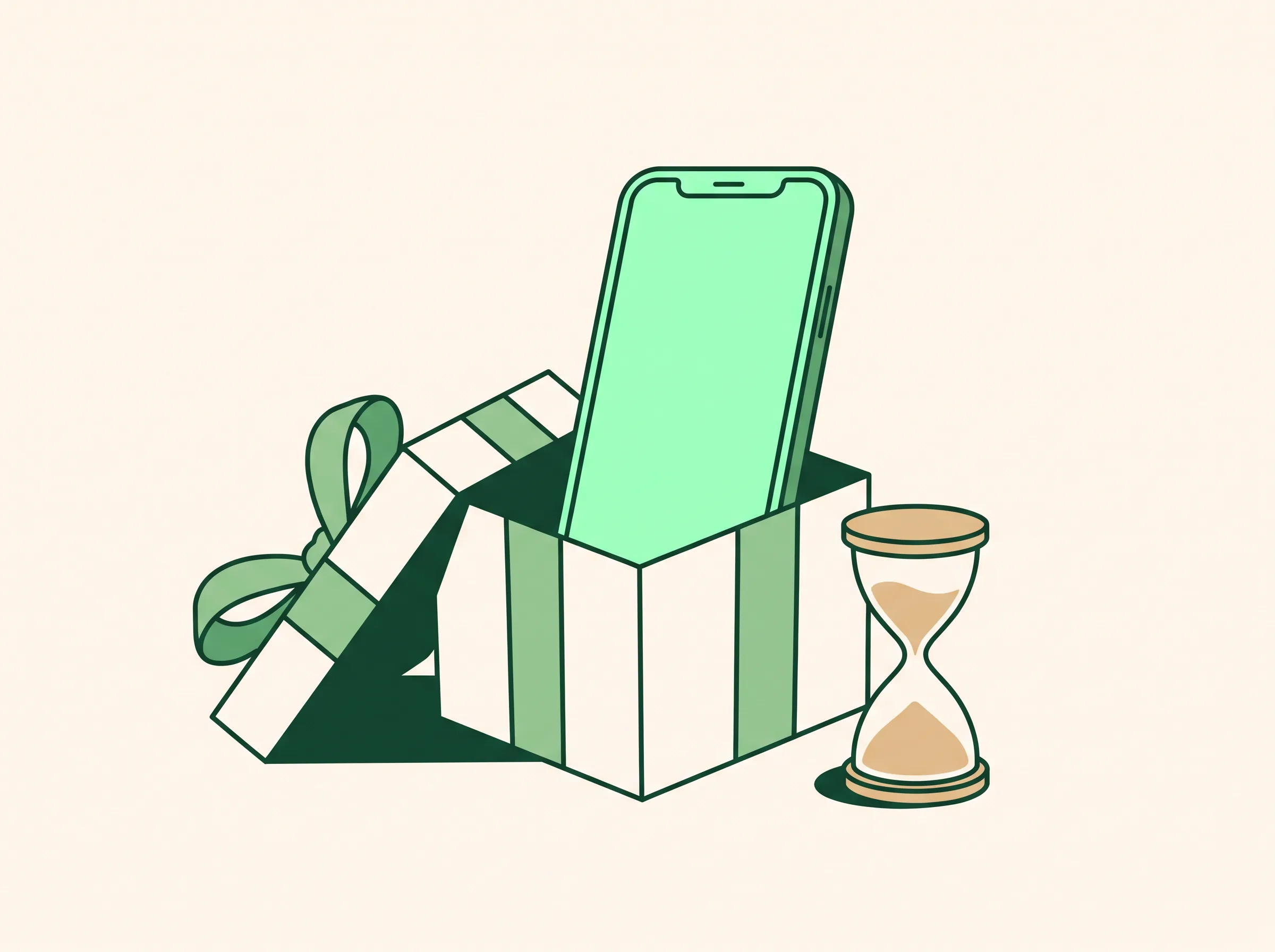 Cartoon: a phone standing in a half-open gift box tied with a ribbon, an hourglass beside it.